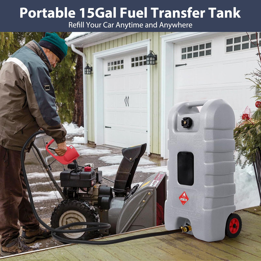 Garvee Fuel Caddy, 15 Gallon Portable Gas Fuel Tank Container with LE Fluid Transfer Siphon Pump and 10ft. Delivery Hose, Diesel Storage Can On-Wheels for Cars, Lawn Mowers, ATVs, Boats, Gray