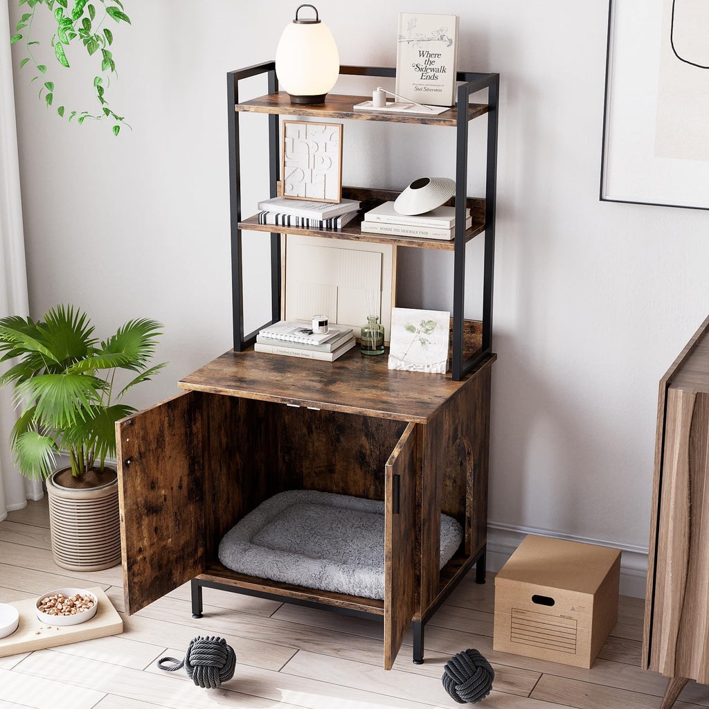 Garvee Litter Box Enclosure Cat Cabinet + Hidden Cat Litter Box + 2 Storage Shelves + Vintage Wood + Indoor Cat House + Rustic Brown