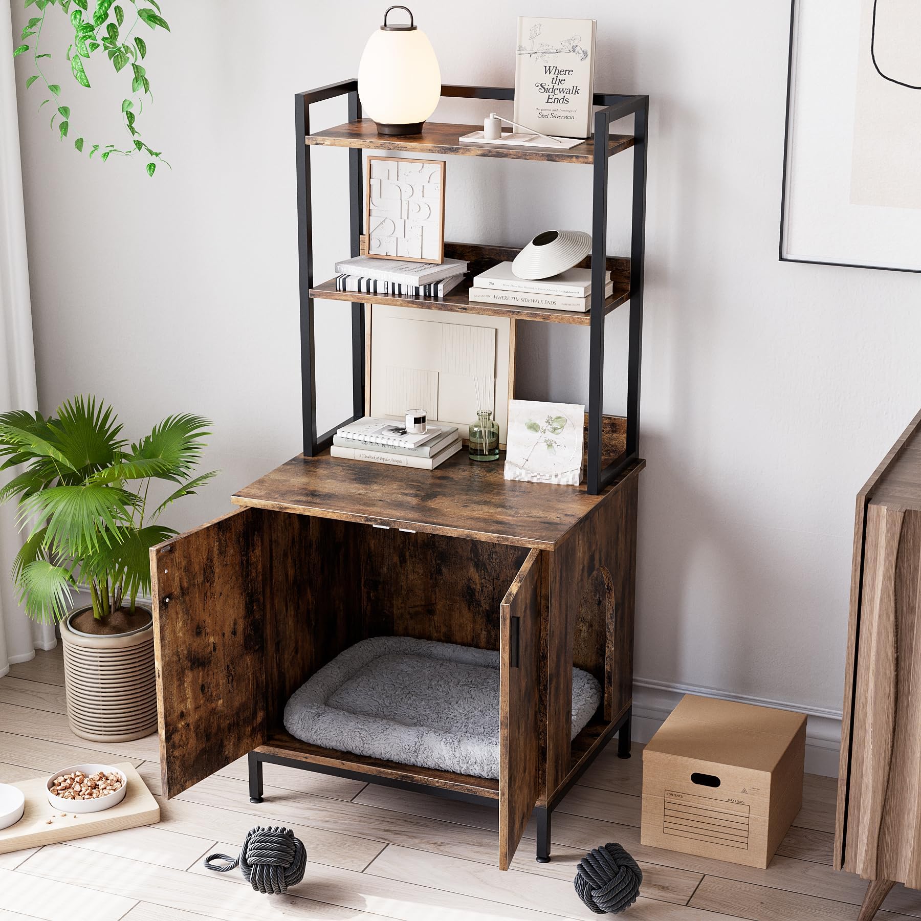 Garvee Litter Box Enclosure Cat Cabinet + Hidden Cat Litter Box + 2 Storage Shelves + Vintage Wood + Indoor Cat House + Rustic Brown