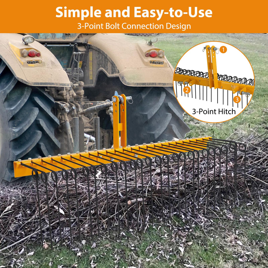 Garvee 60 Inch Pine Straw Rake - 26pcs 8mm Coil Spring Tines Durable Powder Coated Steel Tow Behind Landscape Rake with 3 Point Hitch Receiver Attachment Fit to Cat0 Cat 1 Tractors for Leaves Grass, Yellow