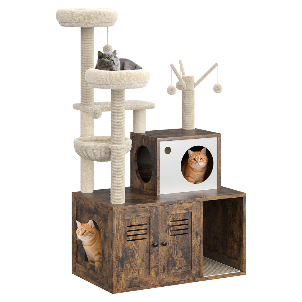 Garvee Cat Tree with Litter Box Enclosure, Sisal Scratching Post, Modern Wooden Cat Tower, Rustic Brown, Compact 31.5''x18.9''