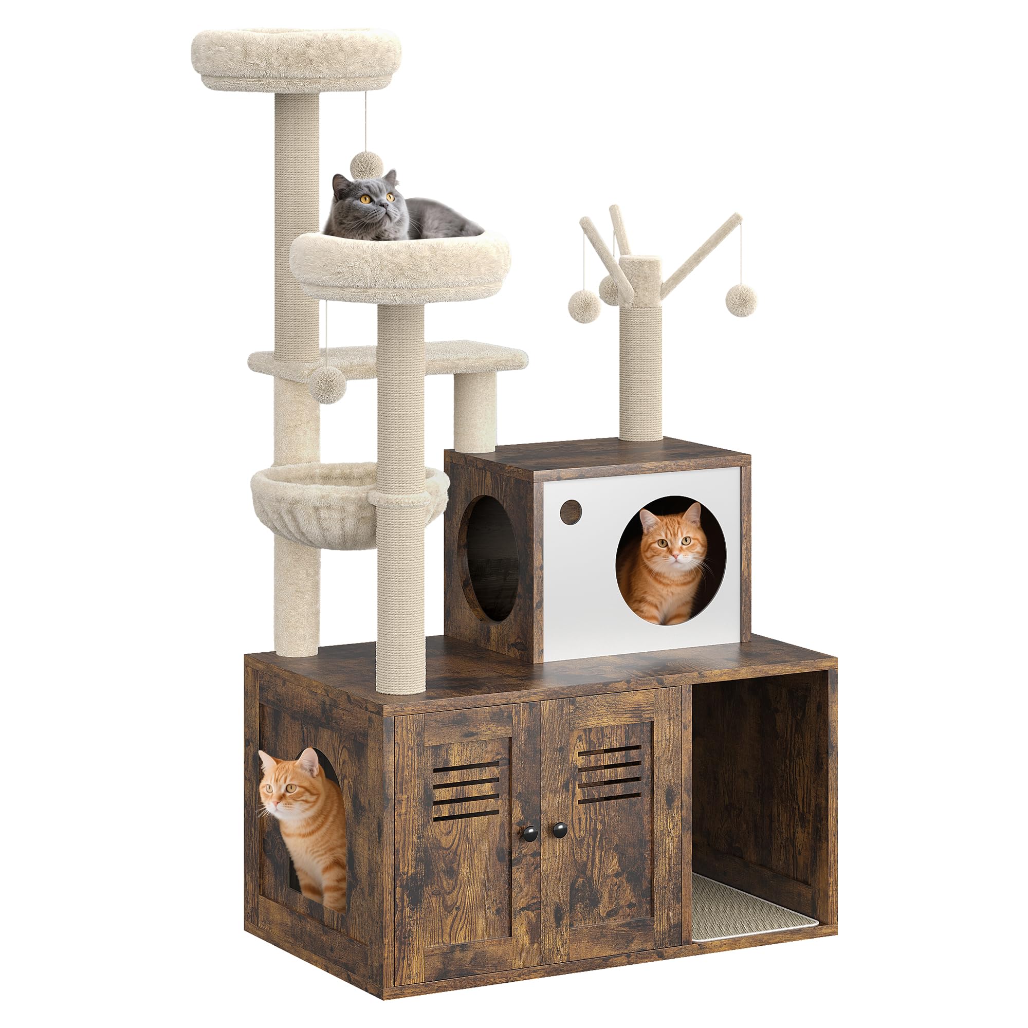 Garvee Cat Tree with Litter Box Enclosure, Sisal Scratching Post, Modern Wooden Cat Tower, Rustic Brown, Compact 31.5''x18.9''