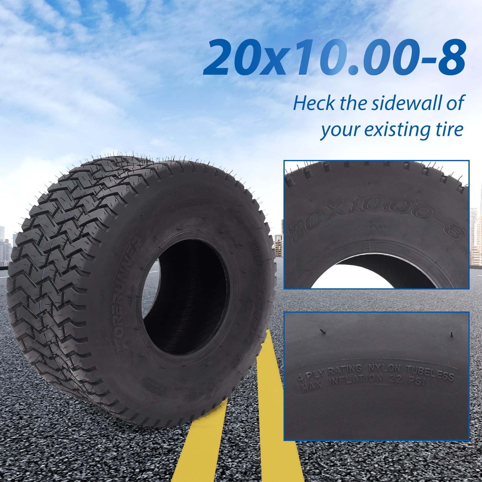 Garvee Lawn Mower Tires Turf Tires 20x8.00-8 4PR for Golf Cart Tires, Garden Tractor Riding Mower Tubeless Set of 2 - 20x10.00-8-4PR TL LG02