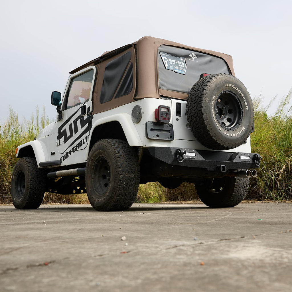 Garvee Rear Bumper Compatible with Wrangler TJ 1997-2006, Full Width Off-Road Rock Crawler Bumper, Heavy Duty Steel, Black, 2/4 Doors, LED Lights & D-Rings