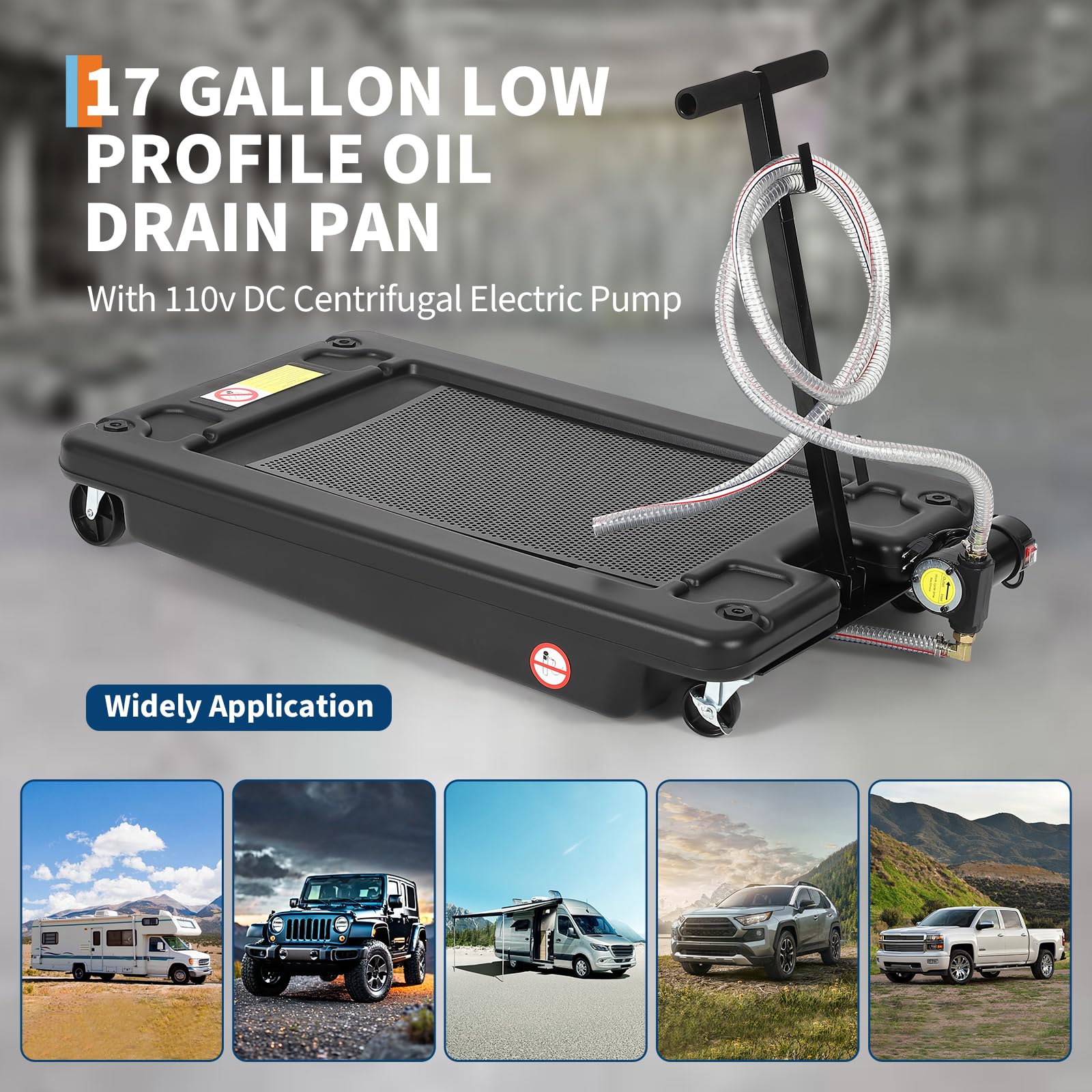Garvee Oil Drain Pan 17 Gallon Low Profile Oil Drain Tank with Electric Pump for Car SUV Trucks, 64L Black Foldable Hand with Hose and Swivel Casters