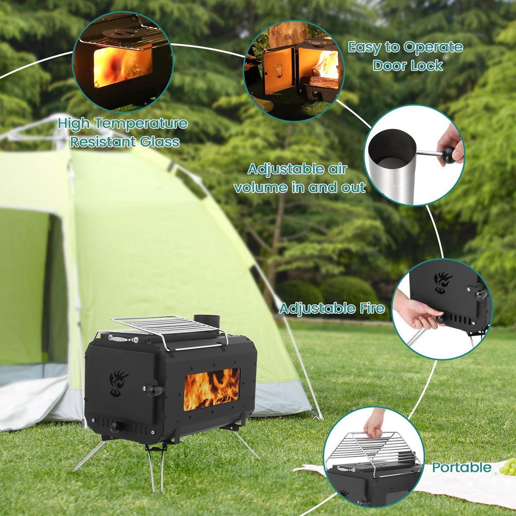 Garvee Outdoor Portable Wood Stove, Tent Stove,Wood Burning Stove for Camping,Cast Iron Wood Stove,Tent Heaters for Camping, Includes Chimney Pipes ans View Glass,Ice-fishing, Cookout, Hiking, Travel
