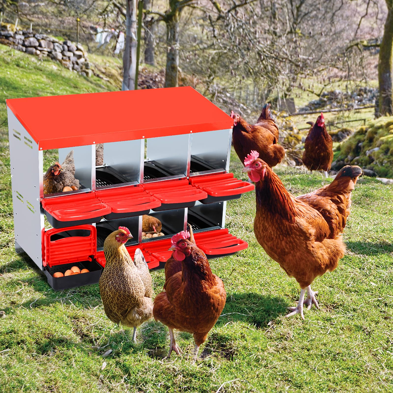 Garvee Nesting Boxes for Chickens, 8 Compartment Roll Away Nesting Box with Egg Collection, Perch, Lid Cover for Egg Protection, Wall Mount/Free Standing Nest Box for Chickens