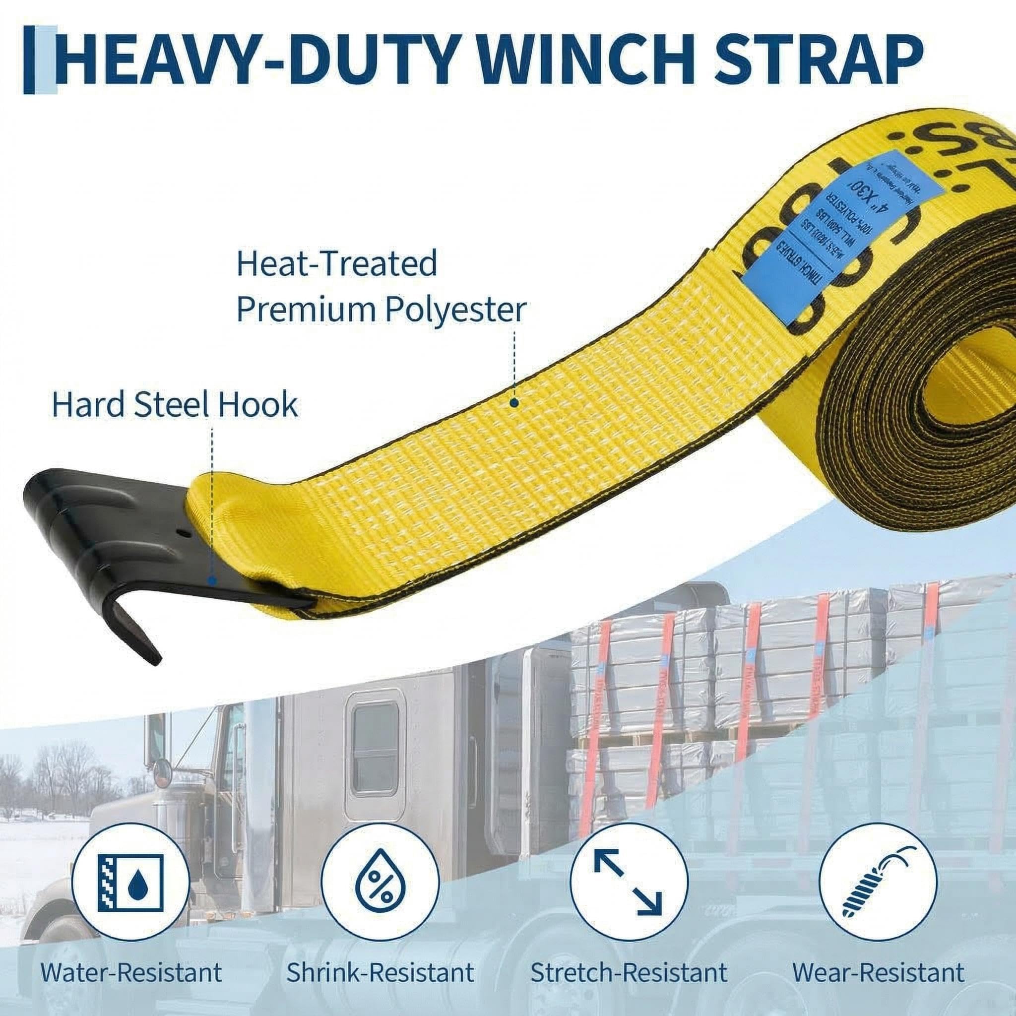 Garvee 4" x 30' Heavy Duty Truck Straps with Flat Hooks, Tie Down Cargo Straps for Flatbed Trucks, Trailers, Farms, Towing, Yellow, 4 Pack