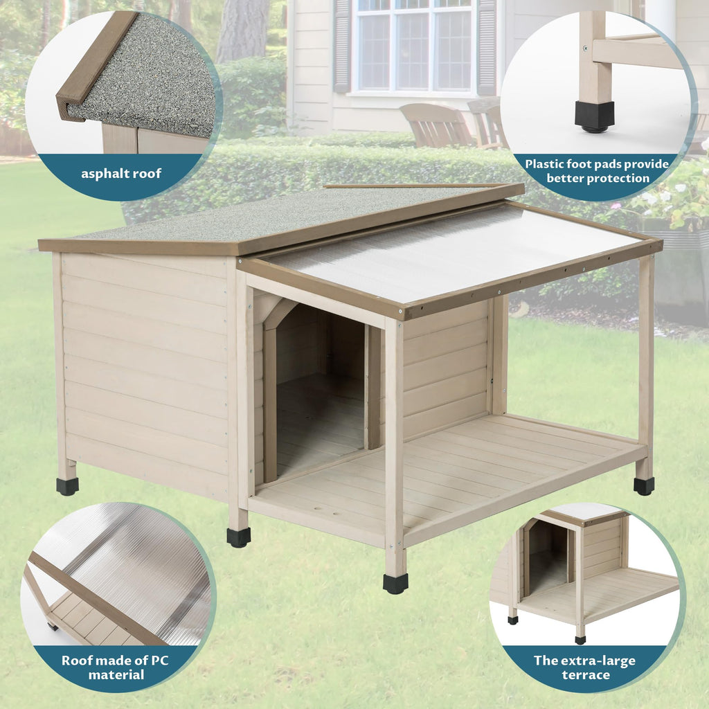 Garvee Cabin Style Pet Kennel With Asphalt Roof Weatherproof Raised Fir Wood Dog House For Outdoor Indoor Patio Yard Cream One Size