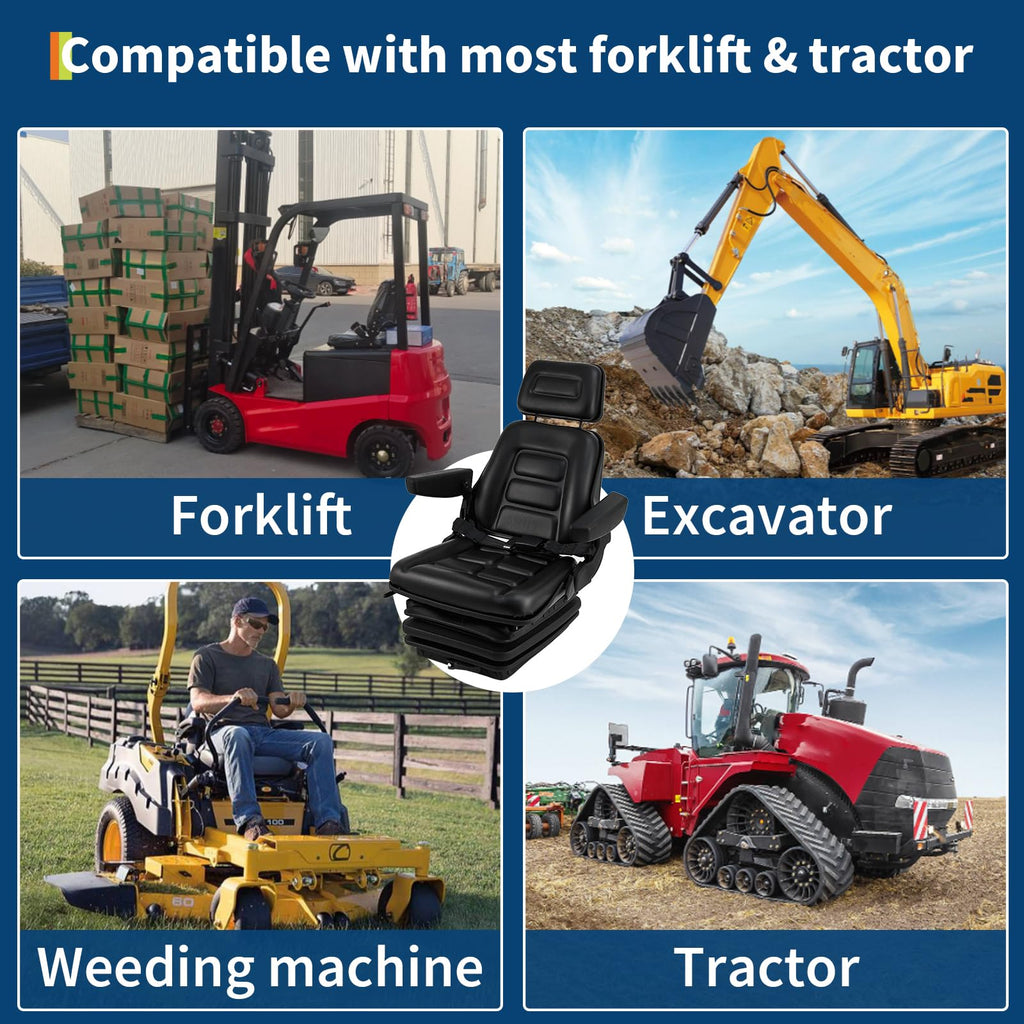 Garvee Adjustable Suspension Forklift Seat - Heavy-Duty Seat with Backrest, Headrest, Armrests, Slide Rails, and Enhanced Safety Features for Tractors, Forklifts, Excavators, and Skid Steers