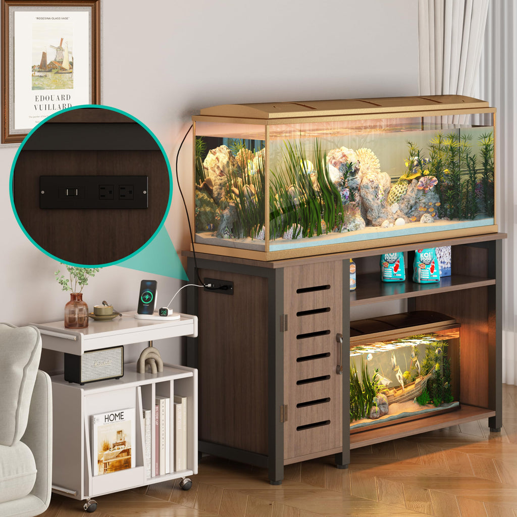 Garvee 55-75 Gallon Fish Tank Stand with Power Outlets, Heavy Duty Metal Aquarium Stand with Cabinet for Fish Tank Accessories Storage, Turtle/Reptile Terrariums