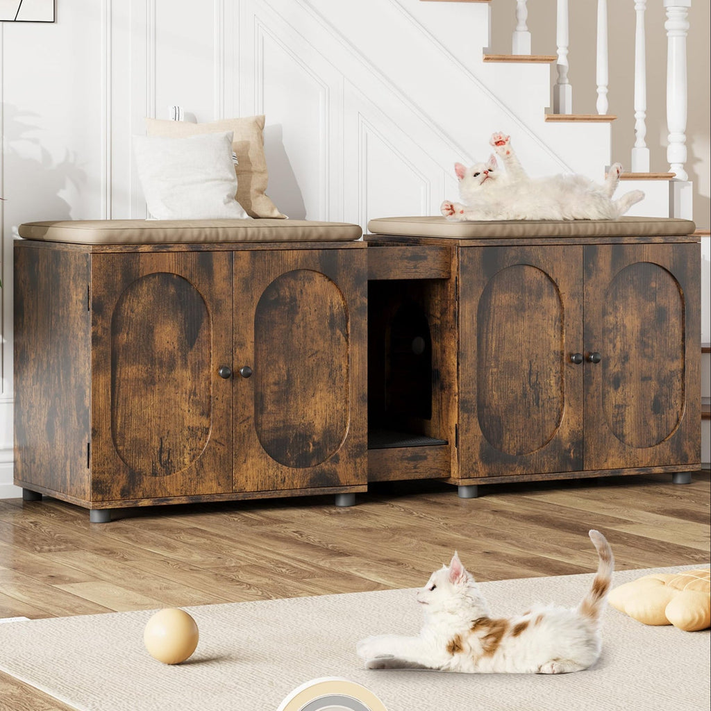 Garvee Cat Litter Box Enclosure, 55.1" Double Litter Box Furniture Large Cat Box Enclosure Kitty Litter Box for 2 Cats Hidden Cat Litter Cabinet Double Cage with Cat Litter Pad, Retro | Oval