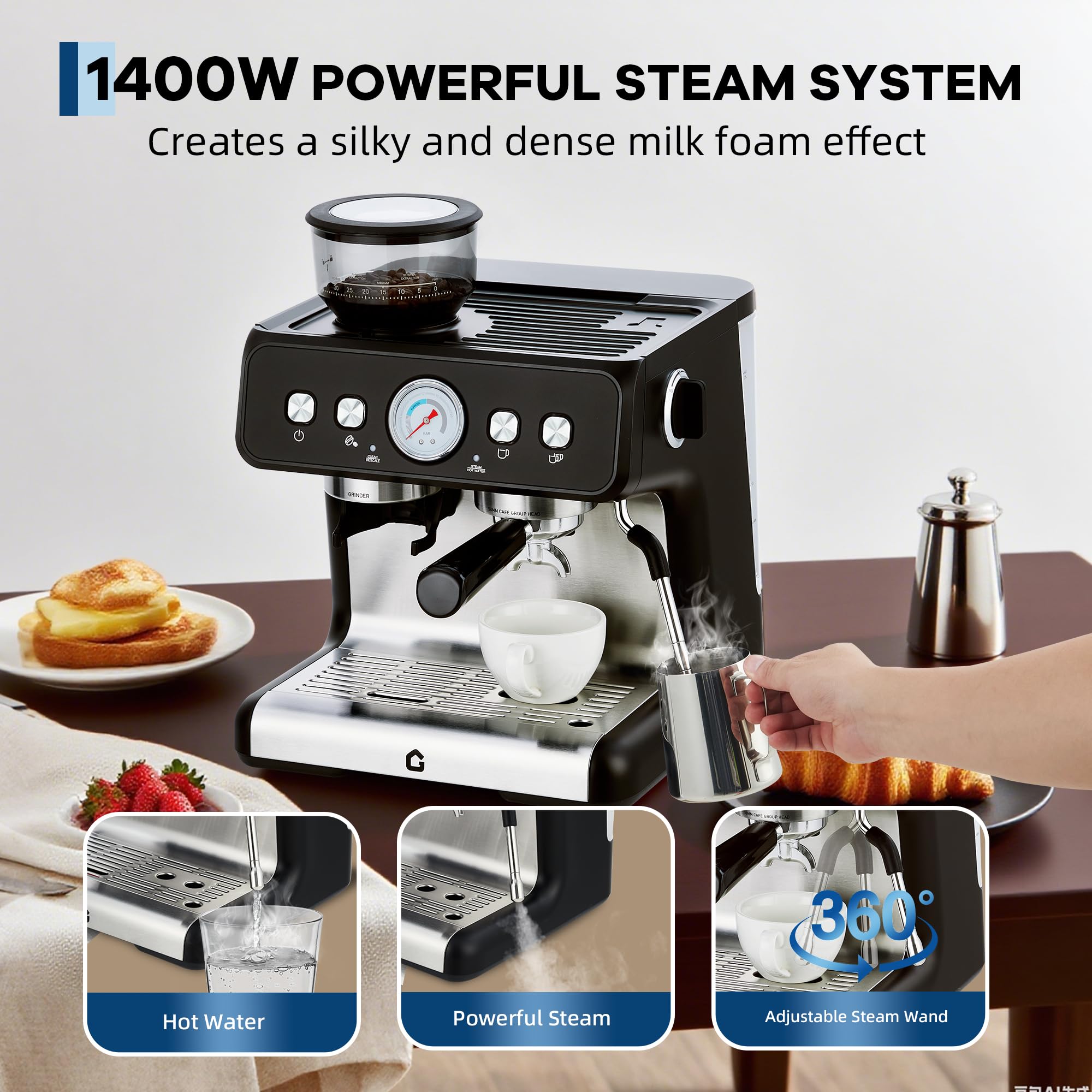Garvee 20-Bar Stainless Steel All-in-One Espresso Machine with Grinder - 2.8L Removable Water Tank, Milk Frother Steam Wand, Adjustable Shot Volume for Latte and Cappuccino, Professional for Home and Office Use