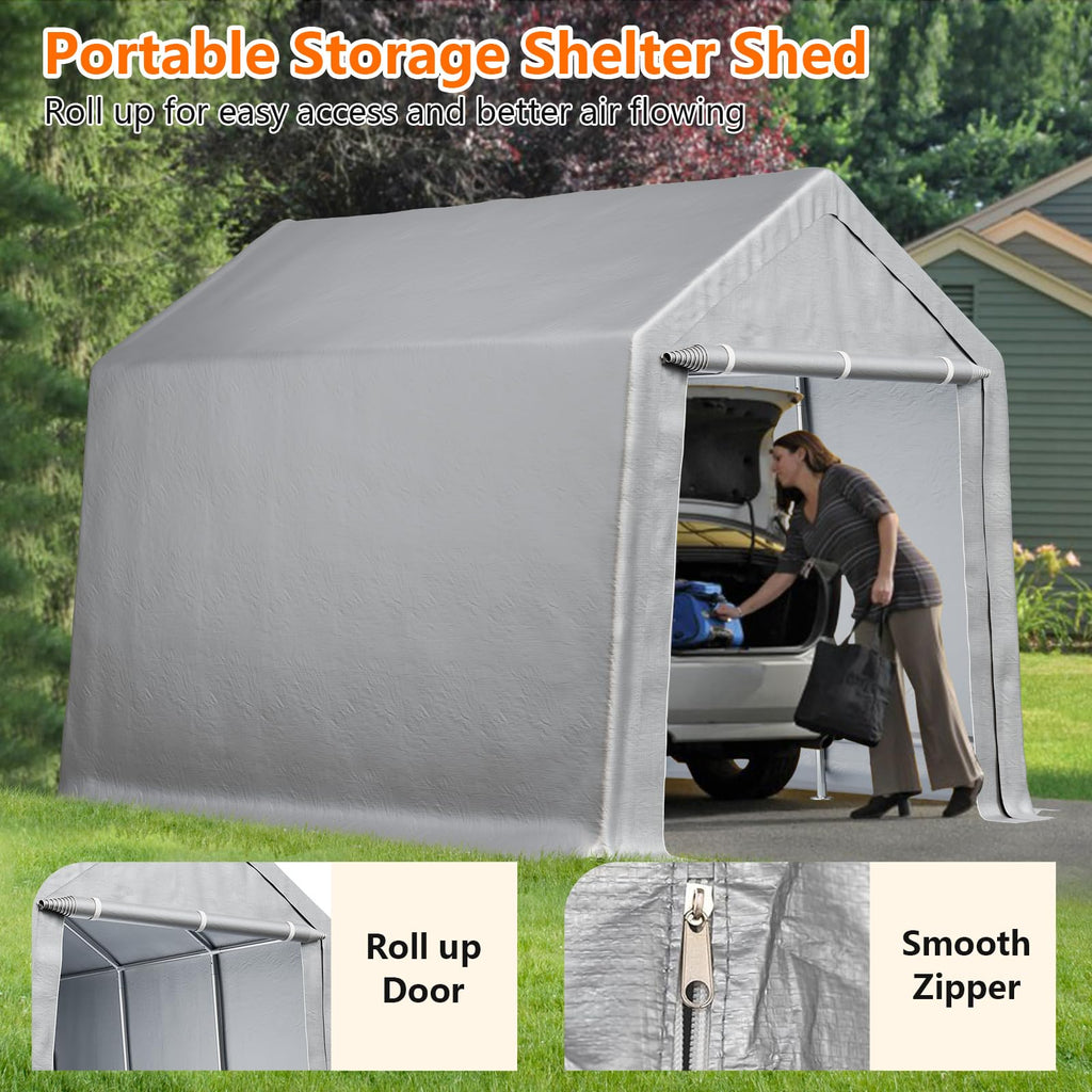 Garvee 8'x14' Portable Shed, Outdoor Storage Shelter with Metal Frame, Waterproof, Grey