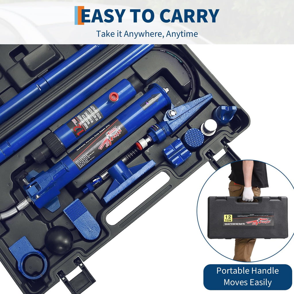 Garvee Porta Power Hydraulic Kit - 12-Ton Porta Power Jack with Hydraulic Pusher Puller, Portable Ram Kit for Auto Body Repair, Blue