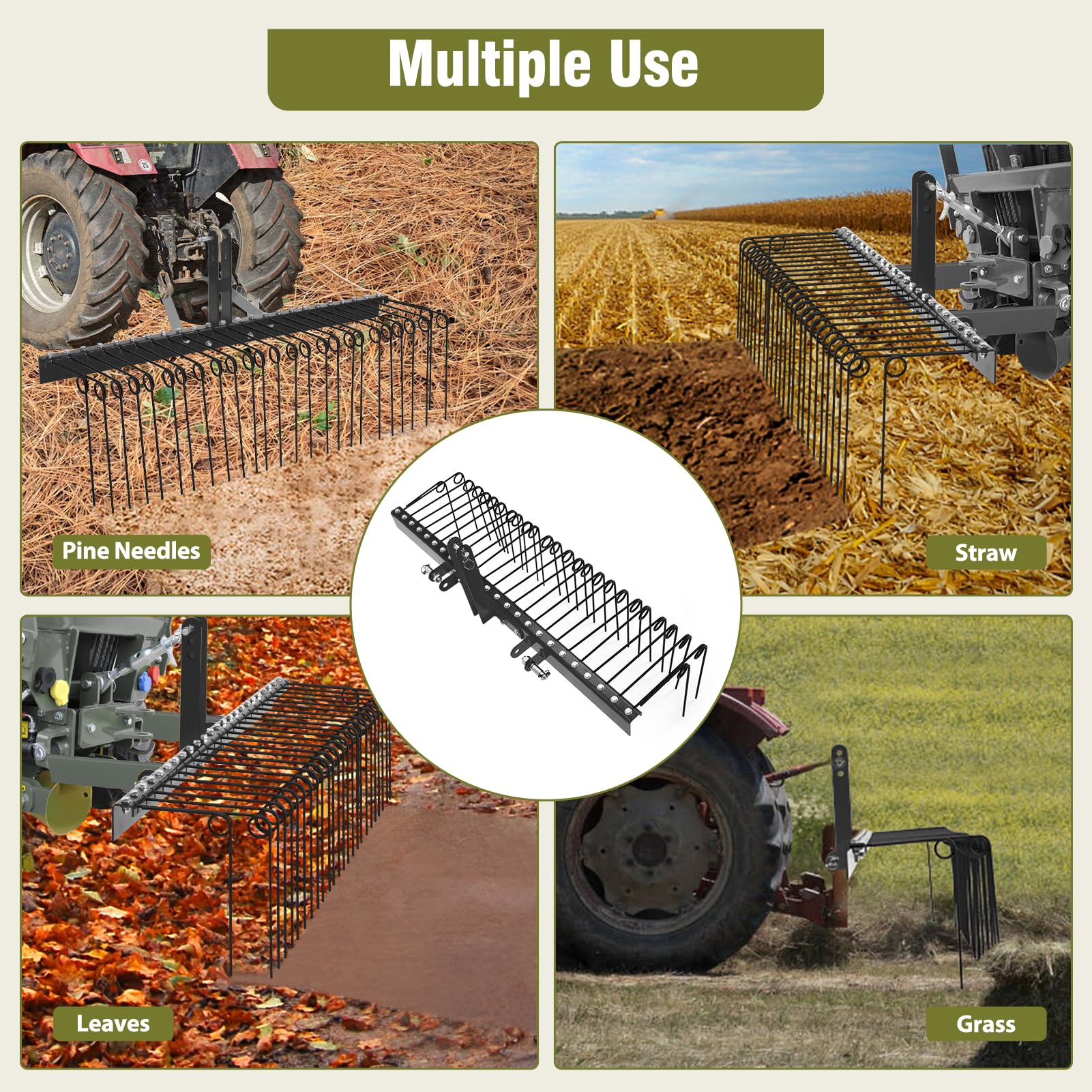 Garvee 60" Pine Straw Rake Updated Version - 8mm Tines, Steel Tow Behind for Cat 0/1 Tractors - Ideal for Leaves & Grass, Black