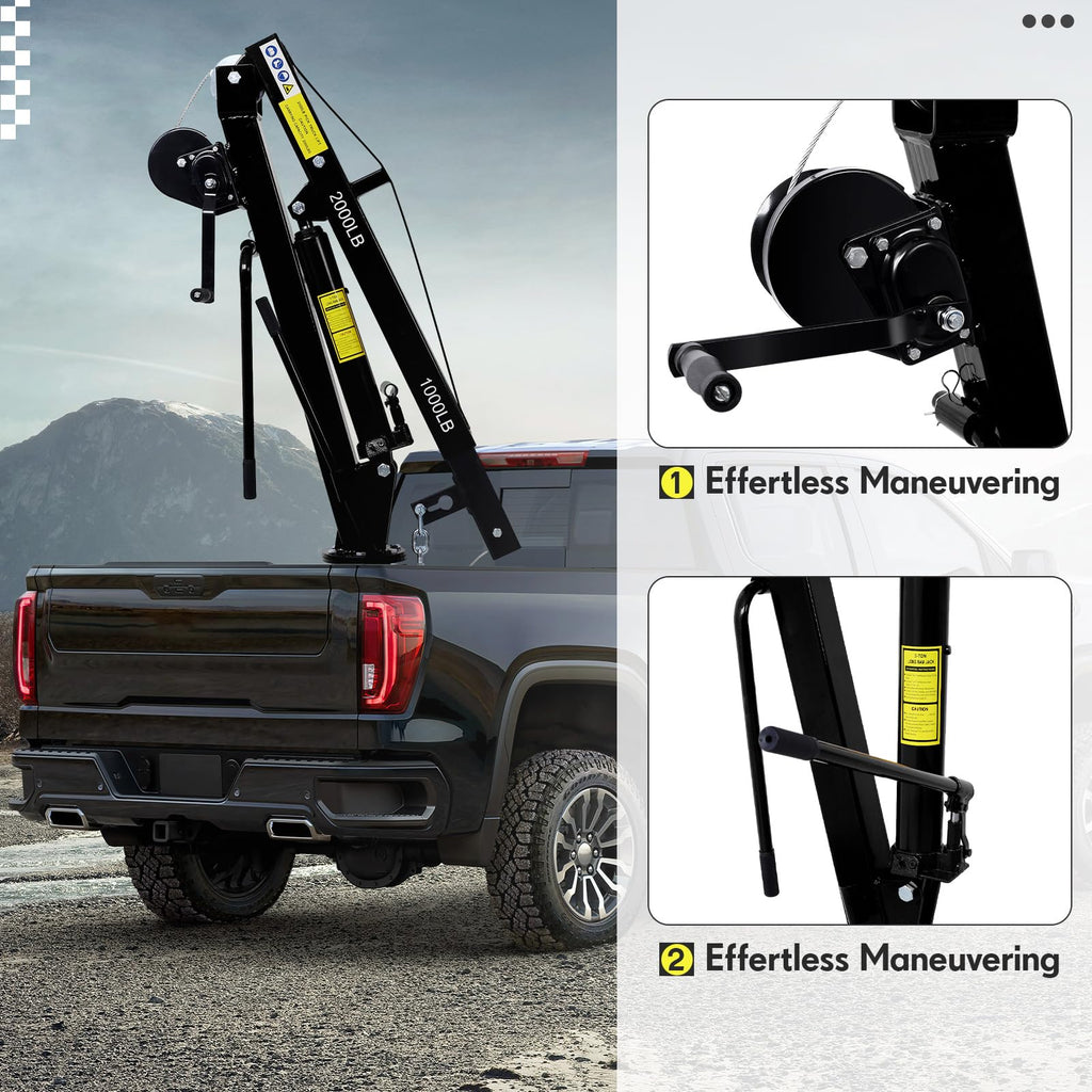 Garvee Pickup Truck Crane with Hand Winch, 2000 LBS Capacity, 360° Swivel Jib Engine Hoist, Folding Electric Winch, Black - Construction, Forestry, Factory Use