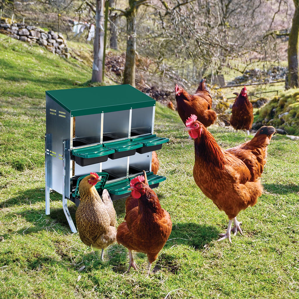 Garvee Nesting Boxes for Chickens, 6 Compartment Roll Away Nesting Box with Egg Collection, Perch, Lid Cover for Egg Protection, Wall Mount/Free Standing Nest Box for Chickens