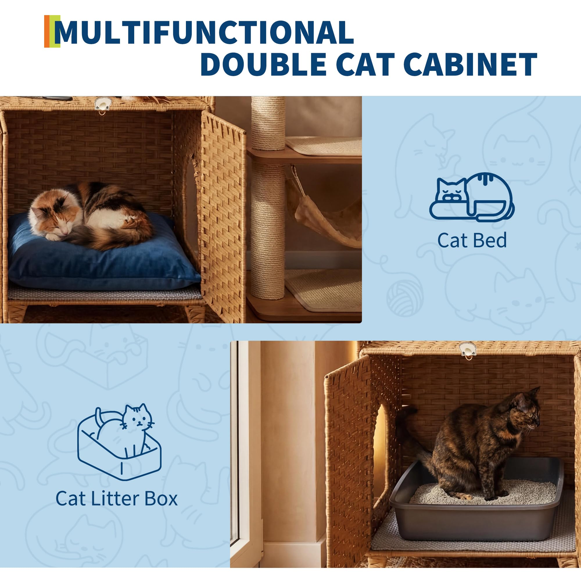 Garvee Cat Litter Box Enclosure Furniture Handwoven Rattan Hidden Washroom Large Space Natural for Living Room Bedroom