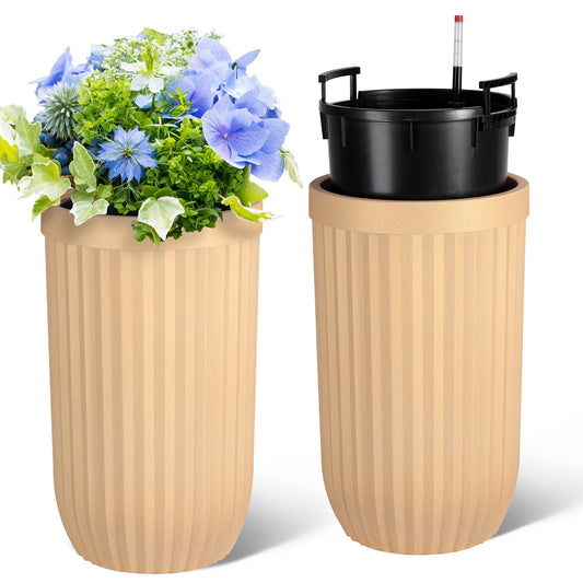 Garvee 23" Tall Self-Watering Planters Set of 2 with Water Level Monitor & Hidden Wheels - Ideal for Living Room, Office, Patio, Garden, Gold