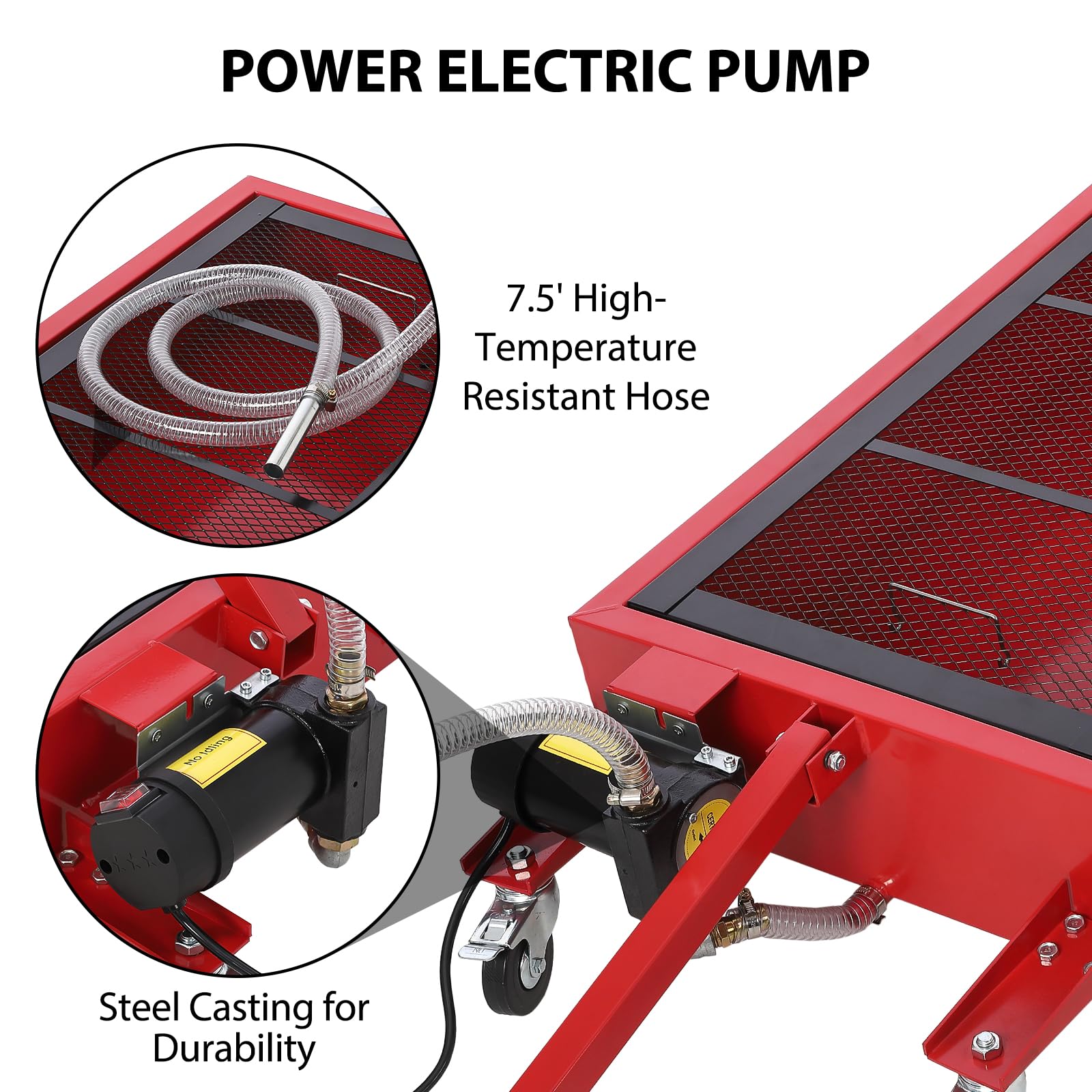 Garvee 20 Gal Oil Drain Pan with 12V Pump, Foldable T Handle, Wheels, 7.5 ft Hose, 76L Low Profile Tank for Car, Truck, Rust Resistant, Red