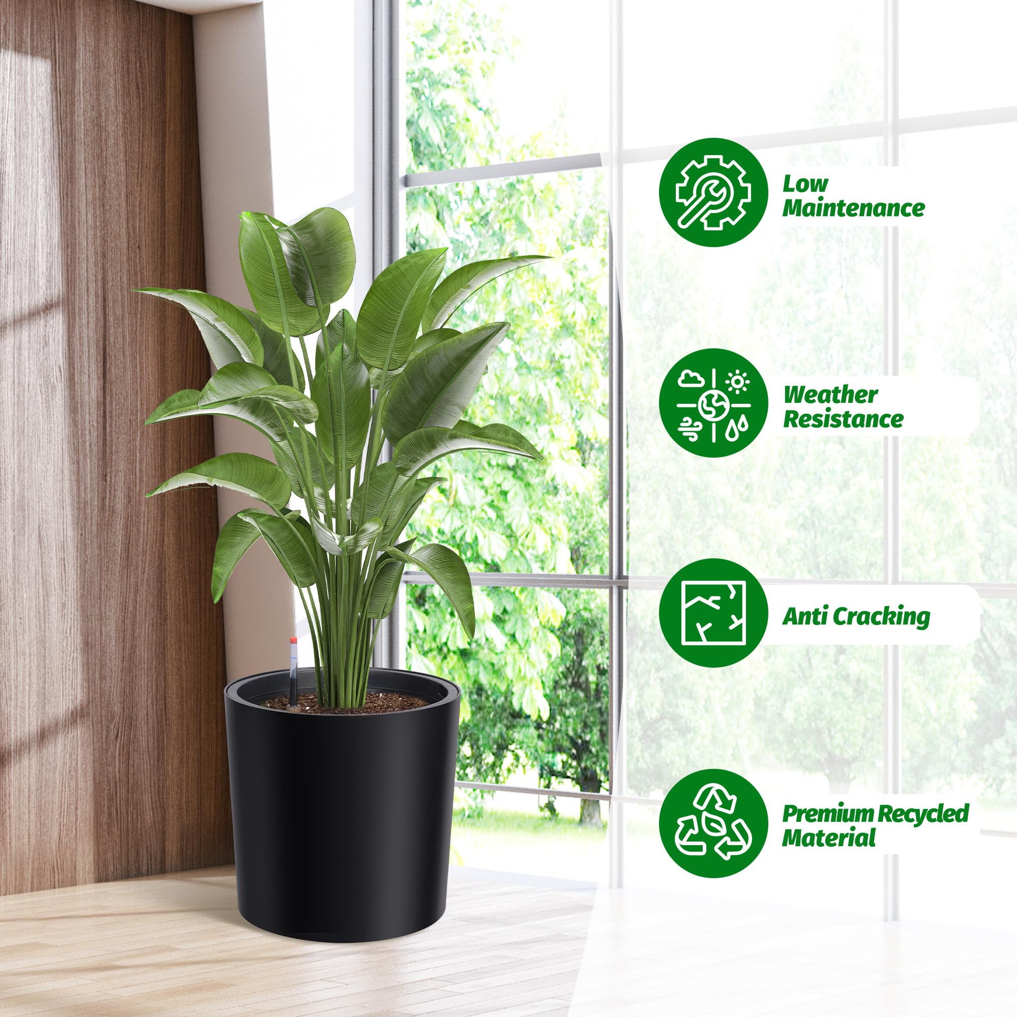 Garvee Tall Round Planter Set of 2, 20" Large Flower Pot Outdoor, Planters for Indoor Plants with Built-in Drainage and a Water Level Monitor and Wheels for Patio, Porch, Living Room, or Home Office, Black