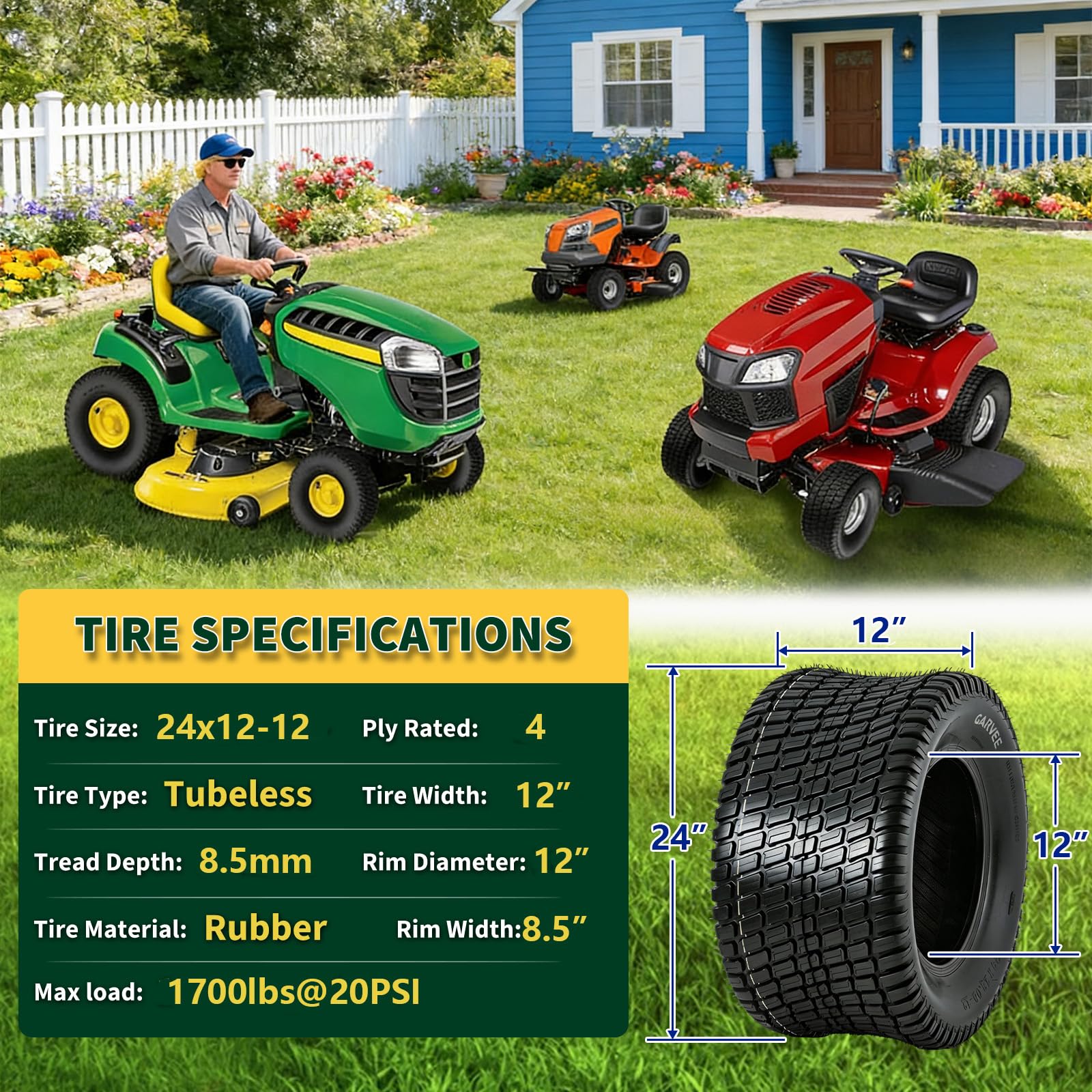 Garvee 24x12-12 Lawn Mower Tires 4-Ply Tubeless Garden Tractor Turf Tires for Mowers & Yard Carts 24x12x12 Black