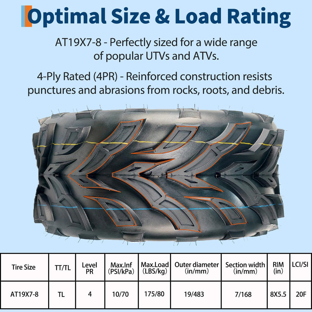 Garvee 19x7-8 ATV Tires 2-Pack, 4PR All Terrain Tubeless Off-Road Tires with Reinforced Sidewall Tread Armor, Trail Sand, Black