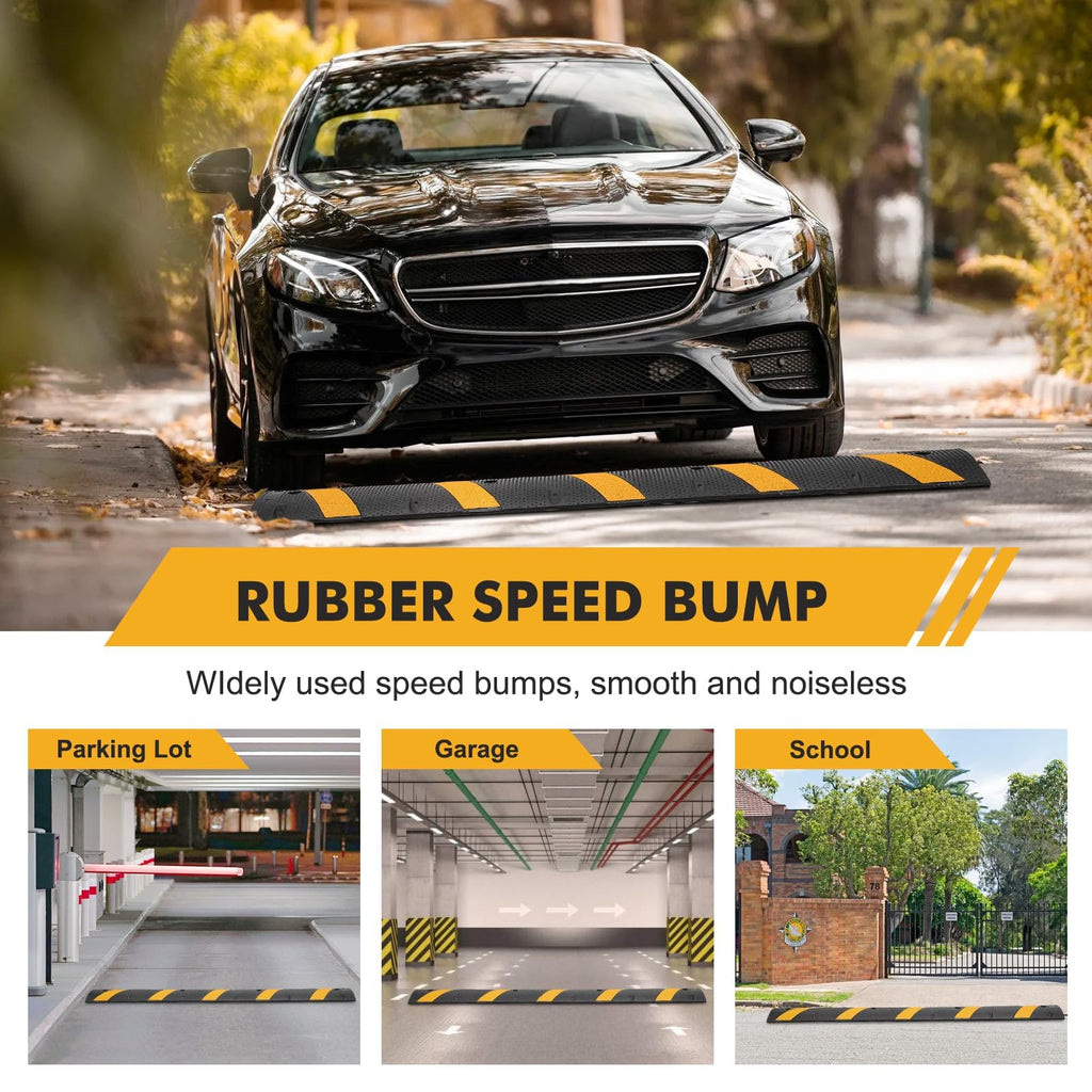 Garvee 6FT Rubber Speed Bumps 2-Pack Heavy Duty 25000 Lb Capacity With 8 Bolt For Road Parking Lot School Warehouse Yellow