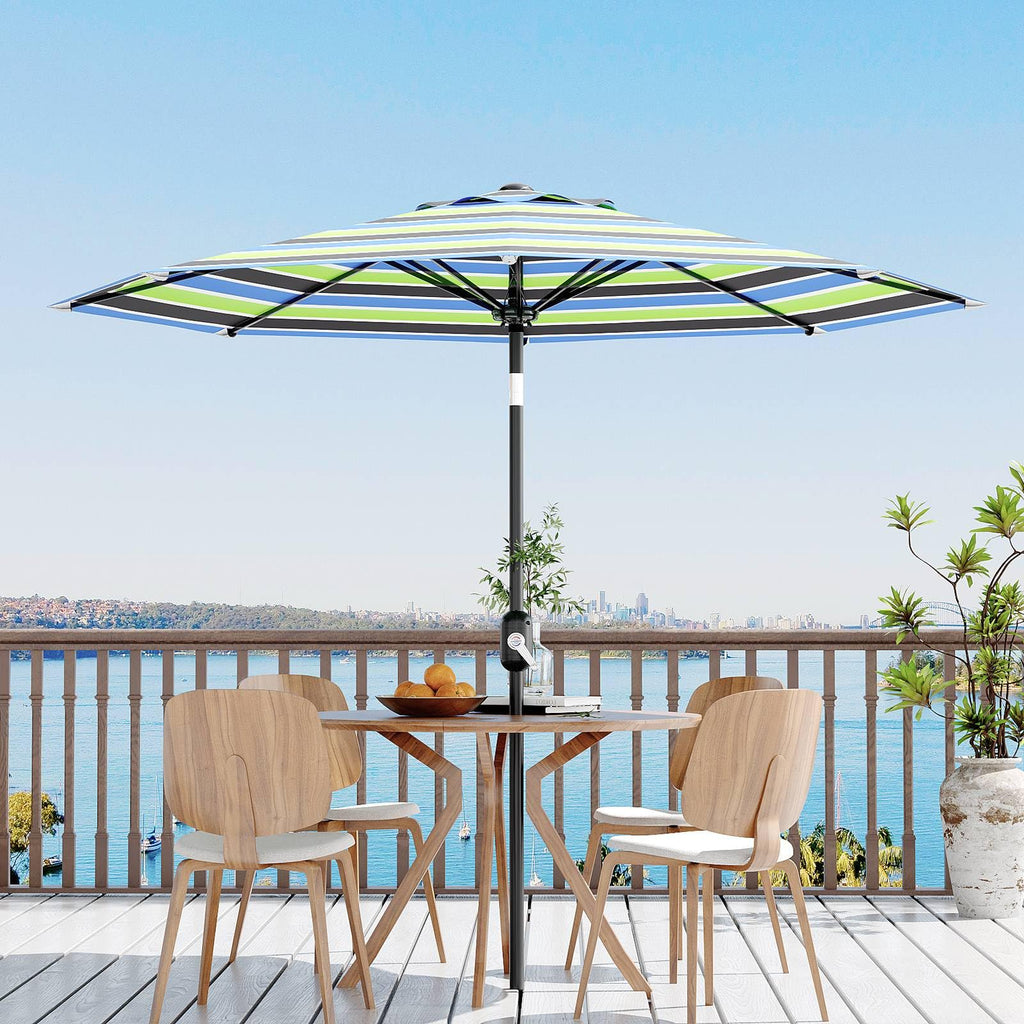 Garvee 9' Patio Umbrella with Crank Lift & Push Button Tilt - 8 Sturdy Ribs Outdoor Table Umbrella for Yard, Deck & Pool, Tricolor Stripe