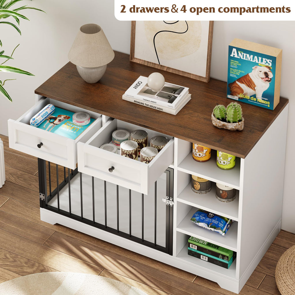Garvee Large Wooden Dog Crate Furniture with 2 Drawers & 4 Shelves, Heavy Duty, Decorative Indoor Kennel, White