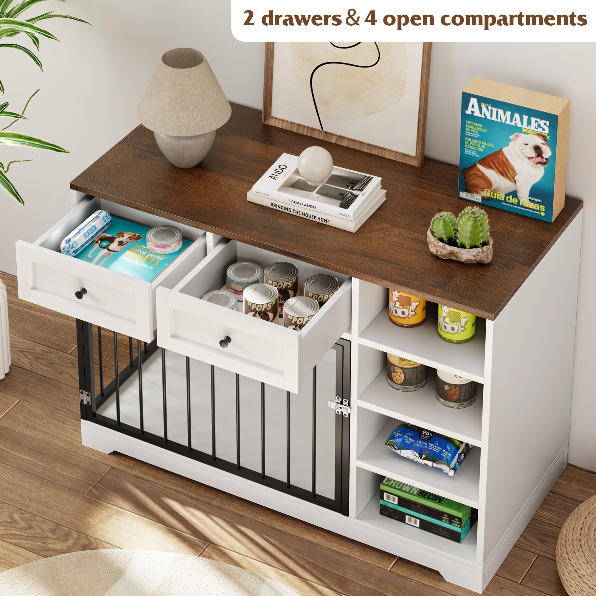 Garvee Large Wooden Dog Crate Furniture with 2 Drawers & 4 Shelves, Heavy Duty, Decorative Indoor Kennel, White
