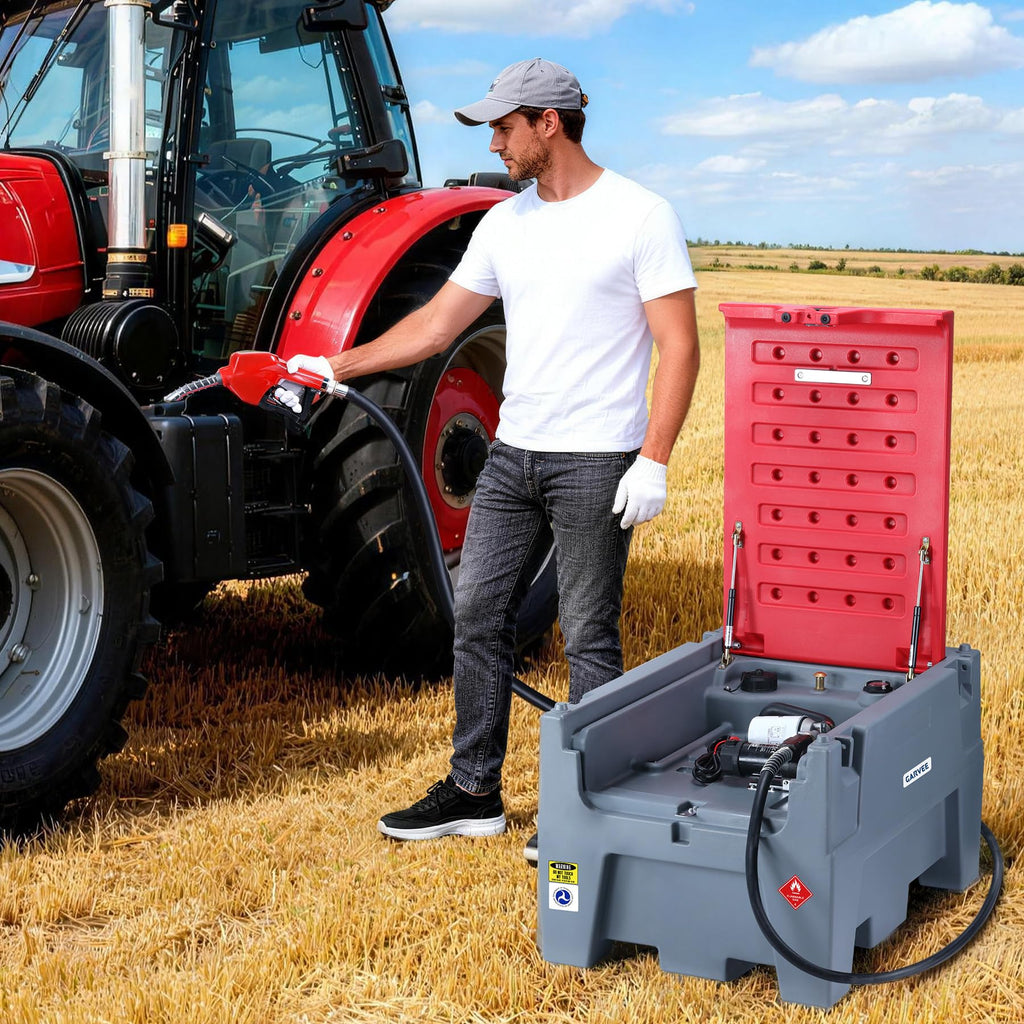 Garvee Portable Diesel Tank 60 Gallon Capacity With 12V Electric Transfer Pump And 13.1ft Rubber Hose For Easy Fuel Transportation, Red