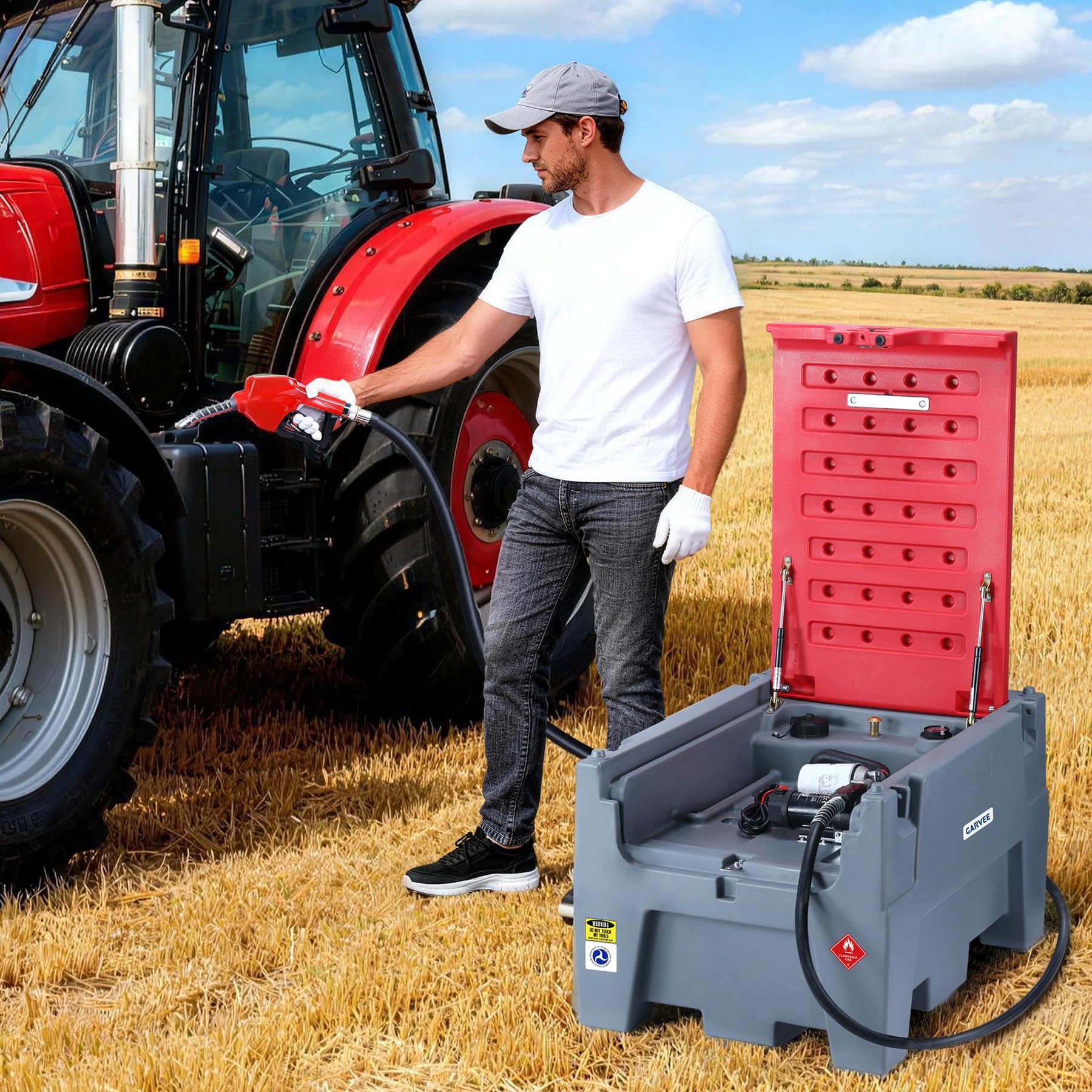 Garvee Portable Diesel Tank 60 Gallon Capacity With 12V Electric Transfer Pump And 13.1ft Rubber Hose For Easy Fuel Transportation, Red