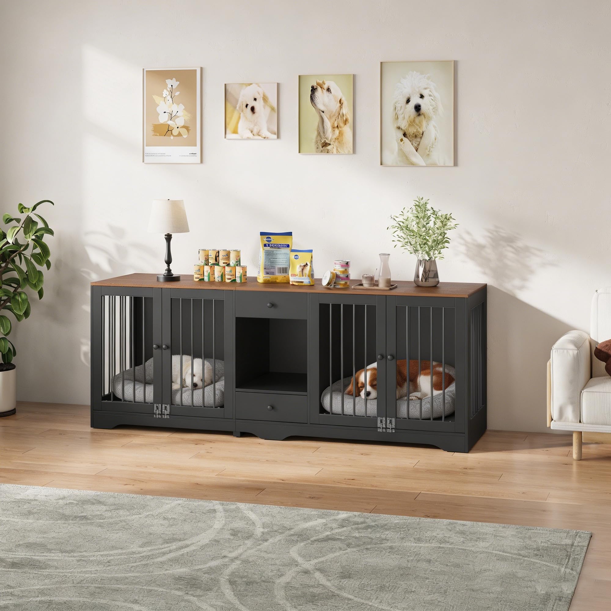 Garvee Dog Crate Furniture 83'' Indoor Dog Kennel with 4 Lockable Doors and 2 Drawers for Medium and Large Dogs, Black, Multi-Functional