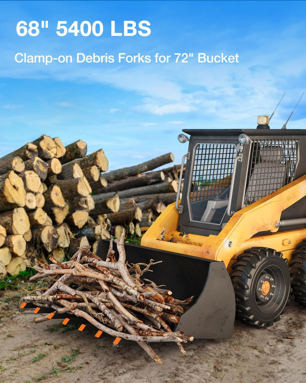 Garvee 68" Clamp-On Debris & Pallet Forks – 6000-LB Heavy-Duty Attachment for Loader Bucket, Skid Steer & Tractors