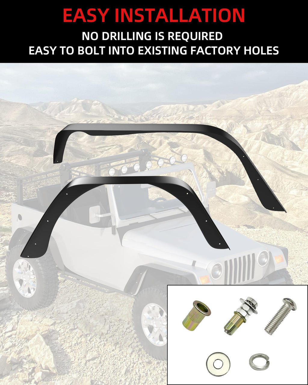 Garvee 4 PCS Flat Front & Rear Fender Flares Fits For 1997-2006 Jeep Wrangler TJ & LJ, Off-Road Metal Steel Wheel Liner, Textured black