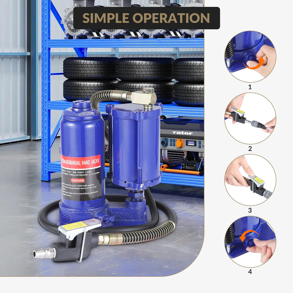 Garvee 5 Ton Pneumatic Air Hydraulic Bottle Jack with Manual Hand Pump, In-Line Cylinder, for Auto Repair & House Lifting