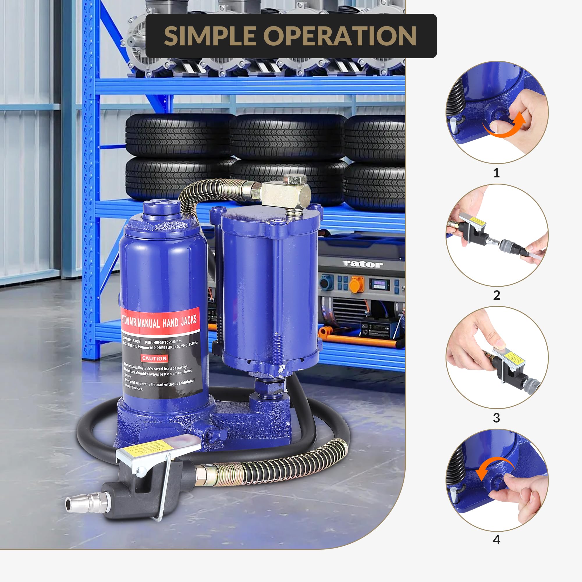 Garvee 5 Ton Pneumatic Air Hydraulic Bottle Jack with Manual Hand Pump, In-Line Cylinder, for Auto Repair & House Lifting