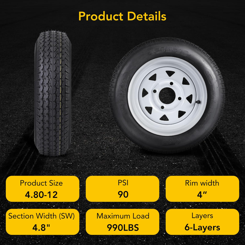 Garvee 4.80-12 Trailer Tires, 2 Pack, Load Range C 6PLY, 12"x4" Rims 4 Lug on 4", Max Load 990 LBS @ 90 PSI, Durable All-Purpose Design for Utility, Cargo & Boat Trailers