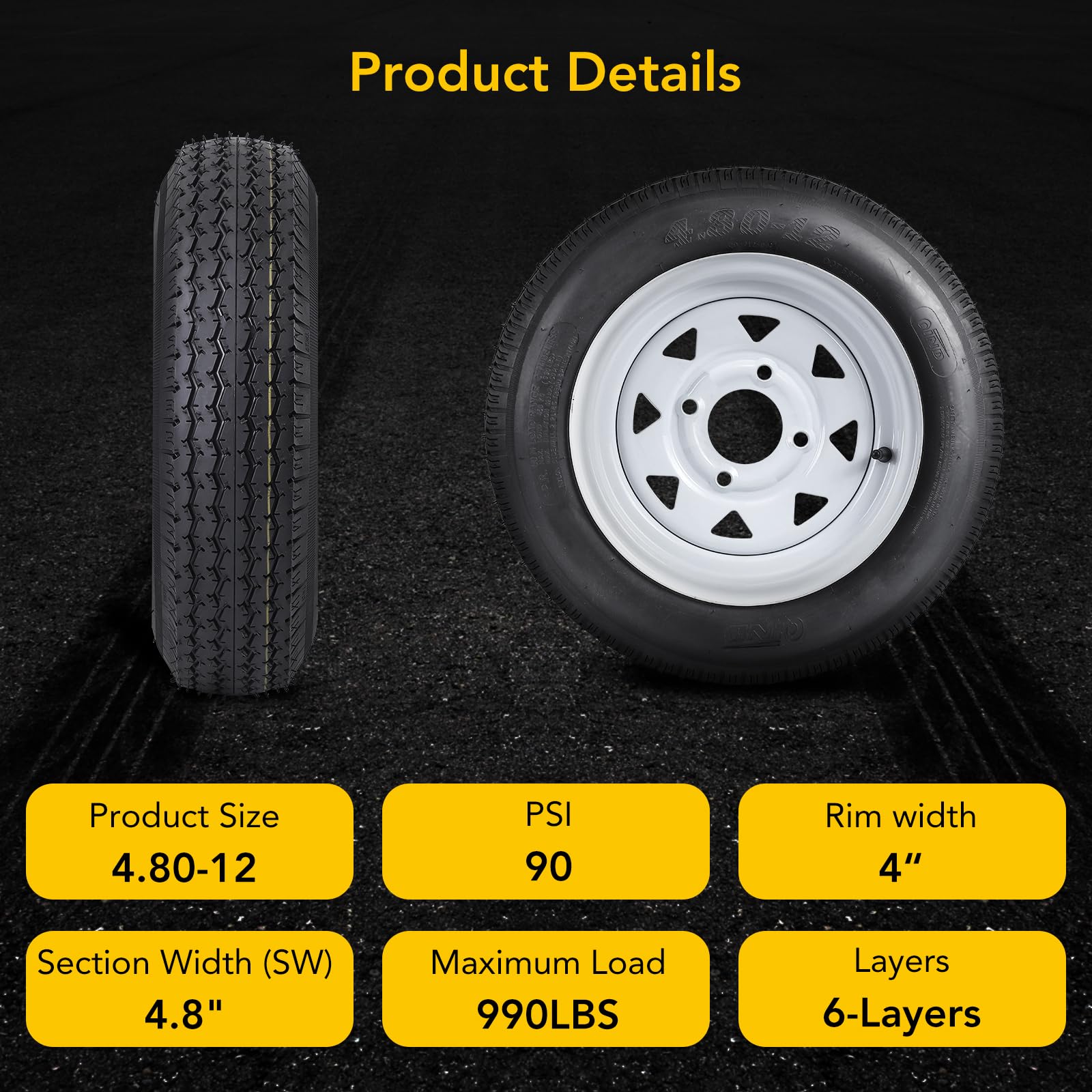Garvee 4.80-12 Trailer Tires, 2 Pack, Load Range C 6PLY, 12"x4" Rims 4 Lug on 4", Max Load 990 LBS @ 90 PSI, Durable All-Purpose Design for Utility, Cargo & Boat Trailers