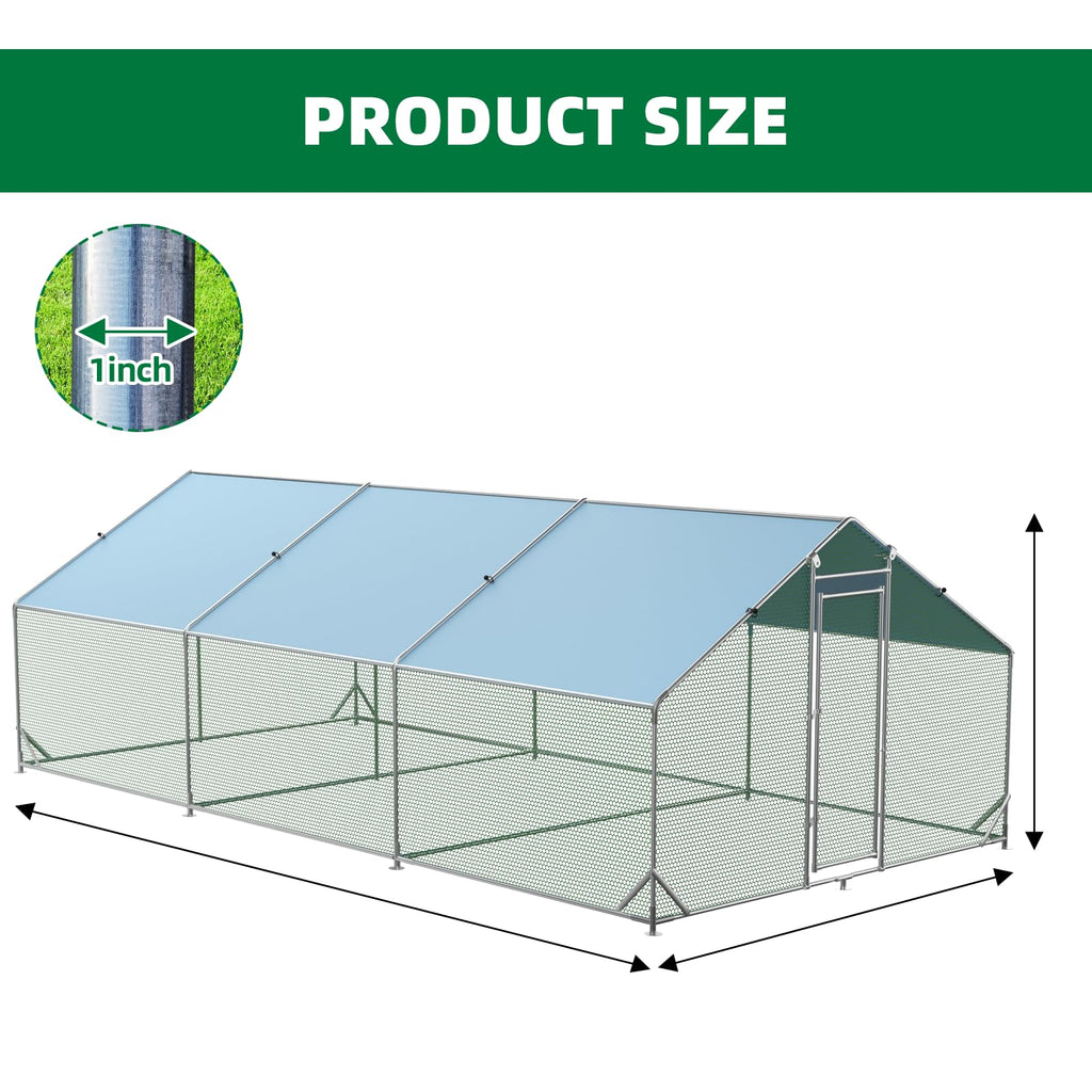 Garvee Chicken Run 9.8'x6.5'x6.4', Large Metal Chicken Coop Heavy Duty Hen House with Waterproof Anti-Uv Cover for Outdoor Chicken Pens with Reforced Tri-Supporting Steel Frame, Silver, Spire Roof