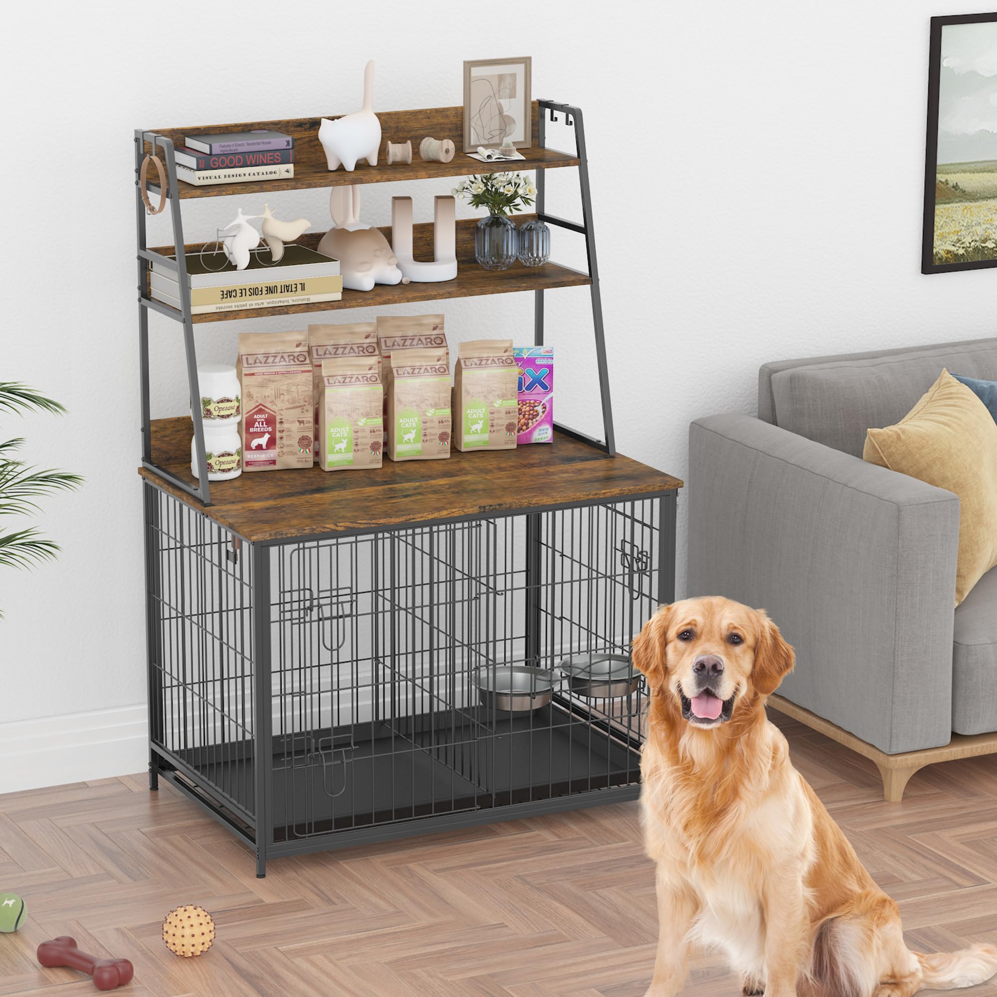 Garvee Wooden Dog Crate Furniture with Storage Shelves, Removable Tray, Double Doors, Adjustable Bowls and Flip-up Top, Brown