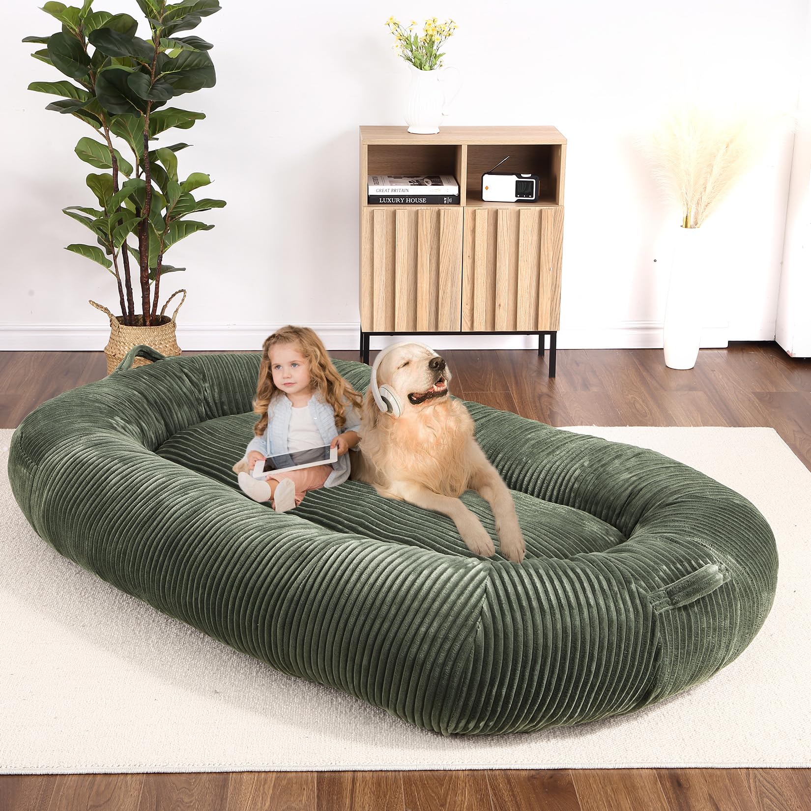 Garvee Dog Bed for Adult, Human Size Giant Dog Bed for Men and Women, 71”x48”x14” Human Dog Lazy Sofa Bed for People and Pets, Washable Strip Flannel Nap Bed Adult Oval, Human-Sized Dog Bed,Dark Green