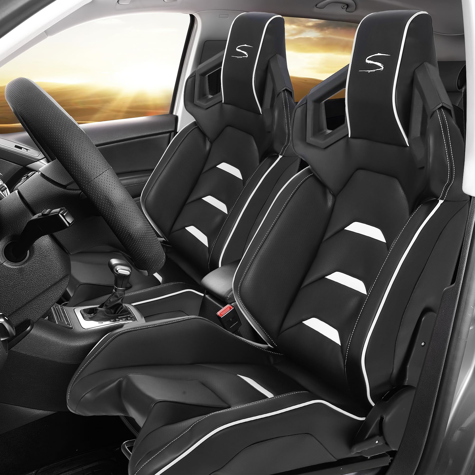 Garvee Universal Racing Seats with 2 Sliders,Adjustable PU & Carbon Leather Seats Automatic Sport Seats,Reclinable Bucket Seats for Cars,1 Pair Driver(Black, 23.6"×19.7"×37.4")