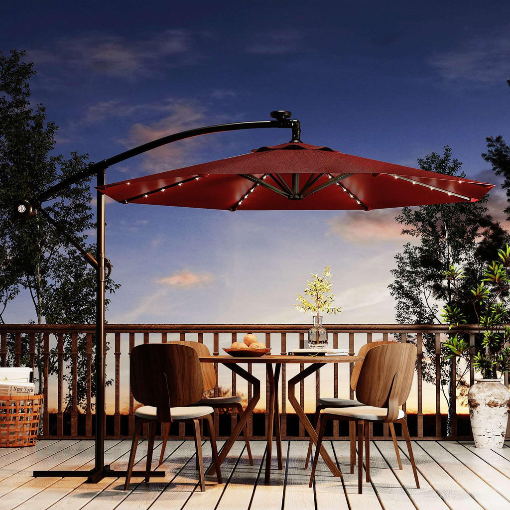 Garvee 10' Solar Lights Offset Patio Umbrella, Cantilever Umbrella with Easy Lift & Tilt Adjustment, 8 Ribs Sun Umbrella UV Protection, Wine Red