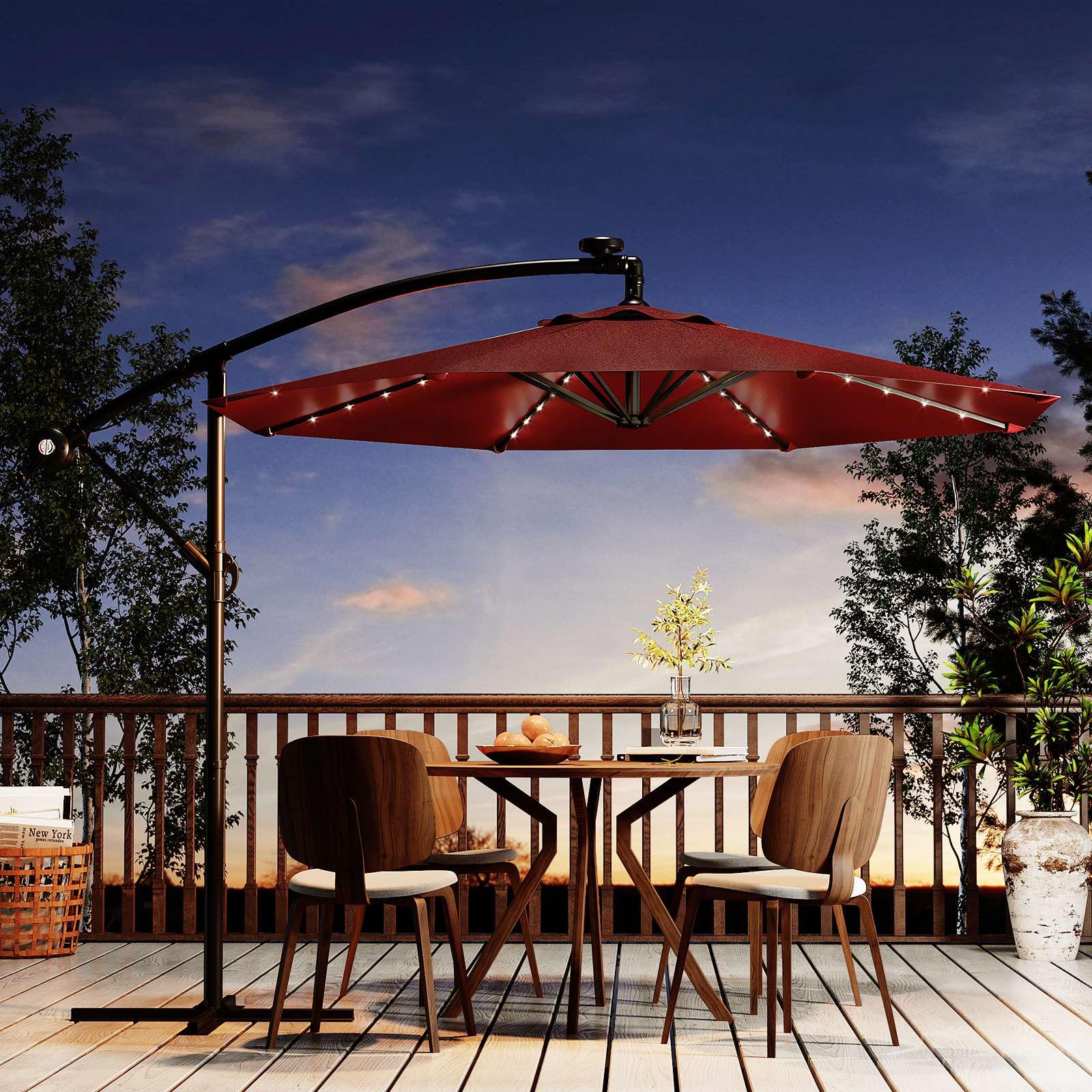 Garvee 10' Solar Lights Offset Patio Umbrella, Cantilever Umbrella with Easy Lift & Tilt Adjustment, 8 Ribs Sun Umbrella UV Protection, Wine Red
