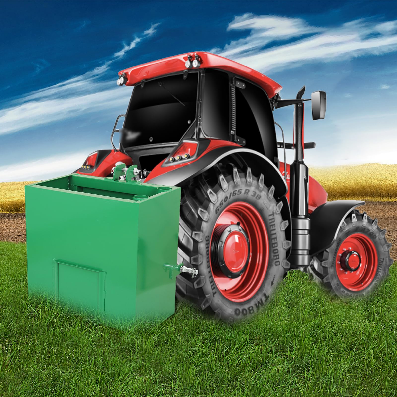 GARVEE 800LBS 3-Point Ballast Box - Cat 1 Tractor w/2" Hitch, 5 ft³ Steel Loader Attachment (Sliding Door, Heavy-Duty, Green)