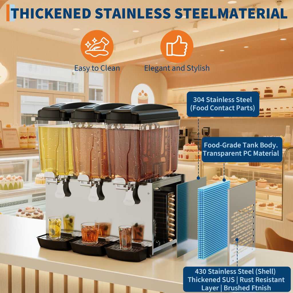 Garvee Commercial Beverage Dispenser 3 Tanks 18L Each Stainless Steel Juice Dispenser for Restaurant Bar Party Cold Drinks