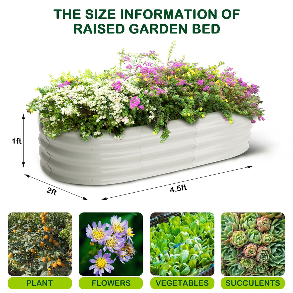 Garvee 2 Pcs 4.5' X 2' X 1' Galvanized Raised Garden Bed Outdoor,Planters for Outdoor Plants,Open-Ended Base Planter Raised Boxes,Oval Metal Planter Box for Vegetables, Flowers, Fruits,Rubber Edge, White